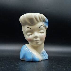 Vintage Glamour Girl Head Wall Pocket Stand Alone Vase Blue 5-1/2 Inch Open Top